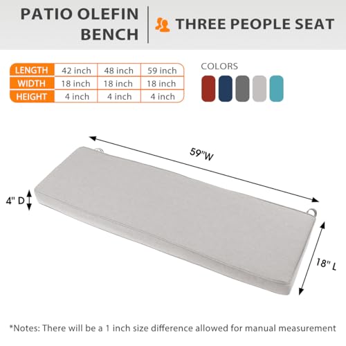 Sundale Outdoor Olefin Bench Cushion， Water-Resistant Patio Couch Cushion, Loveseat Sofa Pad with Straps Light Gray, 59 x 18 x 4 Inches - color: Light Gray, size: 59 X 18 X 4 Inch