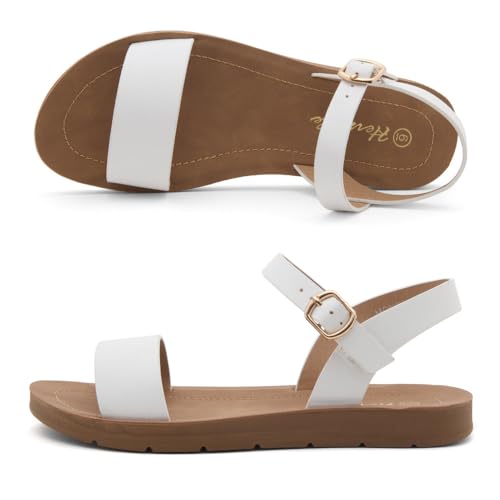 Herstyle Flat Sandals for Women – Open Toe 1 Band Ankle Strap Summer Dressy Sandals, Lightweight Casual Strappy Slip-On Flats with Adjustable Buckle - color: White, size: 8