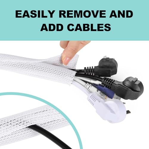 AGPTEK Cable Sleeve, 20ft - 1 inch Cable Management Desk Cord Cover Organizer Wire Hider for Home Office Computer TV Wire Loom Tubing Pet Proof Cord Protector from Cat Dog Chewing, White - color: White, size: 1"-20ft
