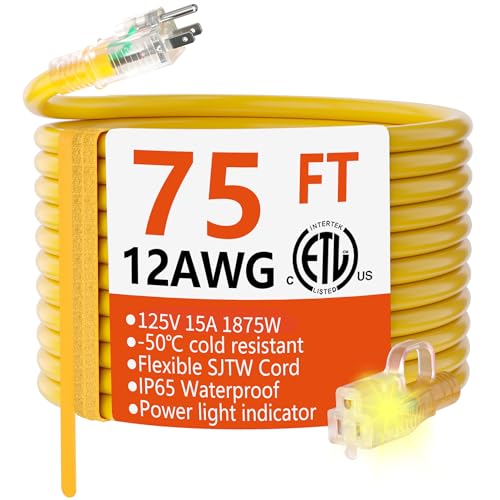 HUANCHAIN 12/3 Gauge Heavy Duty Outdoor Extension Cord 75 ft Waterproof with Lighted end, Flexible Cold-Resistant 3 Prong Electric Cord Outside, 15Amp 1875W 12AWG SJTW, Yellow, ETL - color: Yellow, size: 75FT