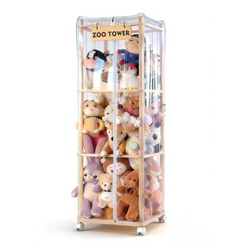 Stuffed Animal Storage Zoo with Dust Cover & Wheels — Large Wooden Stuffy Organizer Display Tower, Thick Plushie Holder with Elastic Band for Kids Room, Perfect for Nursery Bedroom Nursery Playroom