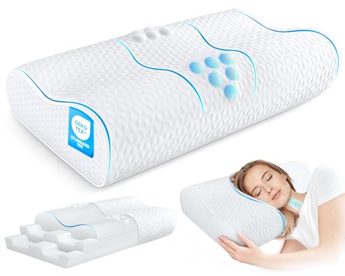 Cervical Neck Pillow for Pain Relief- Queen Size Adjustable Cooling Pillow for Sleeping, Memory Foam Pillows for Neck Shoulder, Ergonomic Contour Bed Pillow for Side, Stomach & Back Sleepers - size: Queen Size (23.6"L x 14.2"W)