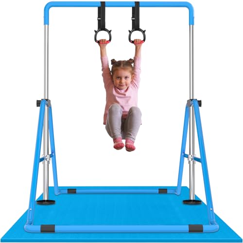 WATBKHE Gymnastics Bar Adjustable & Foldable Training Kip Bar with Rings and Mats, Sturdy Gymnastics Horizontal Bar, Gymnastics Equipment for Home Practice, Blue