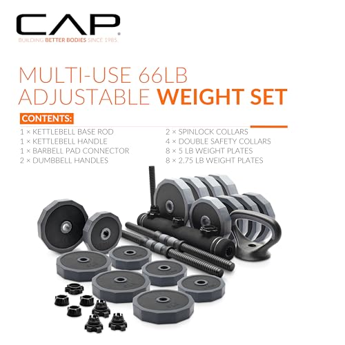 CAP Adjustable Weight Set, Multi-Use Adjustable Dumbbell Set for Home Gym Strength Training, Quick Change Free Weights System, Compact Workout Equipment, Multiple Weight Options - size: 66 lb Set