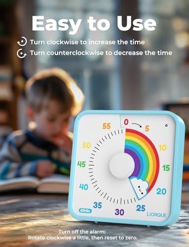 LIORQUE 60 Minute Visual Timer for Kids and Adults, Non-Ticking 7.5 Inch Large Visual Countdown Timers for Classroom Desk Countdown Clock with Magnetic Backing, Kids Pomodoro Timer Clock - color: Rainbow