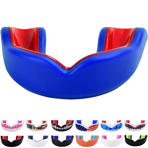 Oral Mart Youth Sports Mouth Guard for Kids (USA Flag, Fangs, 20+ Colors to Choose from) Mouthguard for Football, MMA, Karate, Boxing, Rugby, BJJ, Flag Football – /w Case (Youth, Strapless) - color: Blue / Red