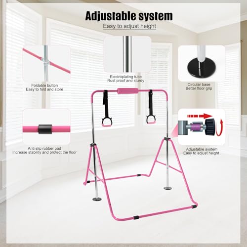 YEEGO DIRECT Gymnastics Bar for Girls Boys (A-G-E-S 3-10) with Rings, Folding Gymnastics Bars Horizontal Bar, Expandable for Home Training Gifts for Girls Boys - color: Pink