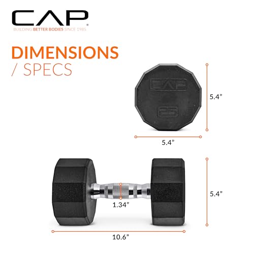 CAP Rubber Coated Dumbbell Weights, Free Weights for Home Gym Strength Training, Anti-Roll Hex Dumbbells with Black, Chrome & Comfort Grip Handles, Pairs & Sets - size: 25 lb - Pair, style: 12-Sided - Chrome Handle