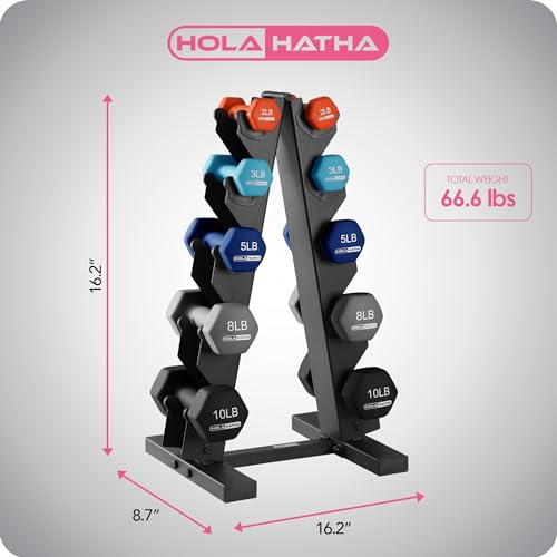 HolaHatha 1, 2 and 3 lb Neoprene Dumbbell Strength Training Weight Set with Rack - color: Blue/Red, size: 56 LB