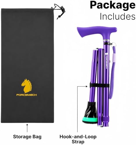 FORCEMECH GlowGuard Foldable Walking Cane for Men & Women, Adjustable Heavy Duty Cane with Glow Tip & Extra-Wide Tip - color: Gloss Violet
