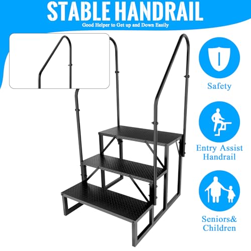 RV Step 3 Step Ladder with 2 Handrails | Anti-Slip Pedal, Triangular Reinforcement, Easy Assembly, Heavy Duty, Thickened - style: 3 handrails Step
