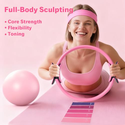 Pilates Equipment Set for Home Workouts –15in1 Home Pilates Kit with Ring and Ball Set, Resistance Bands, Pilates Yoga,Core Sliders & Ankle Weights, Pilates Essentials Kit - color: pink