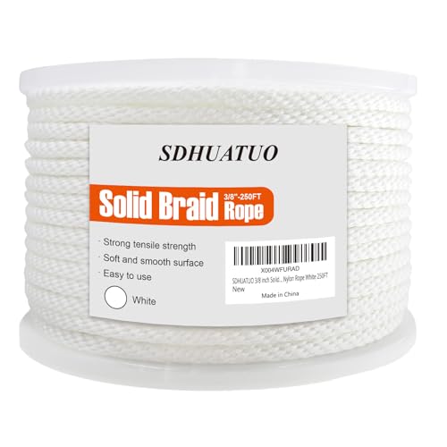 SDHUATUO 3/8 Inch Nylon Solid Braided Rope, 250FT Polyester Cord White | 2420 lbs, UV Resistant & Wearproof, Soft Flexible Rope for Swings, Camping Tent, Flagpole, Outdoor Twine, Dog Leashes - color: White, size: 3/8''-250ft