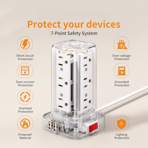 Extension Cord with Multiple Outlets, SMALLRT Power Strip Tower, 10FT Outlet Extender with 12 AC Outlets 4 USB, Power Strip with USB Ports for Home Office Dorm Room,Overload Protection - color: White, size: 10 Ft with wireless charging