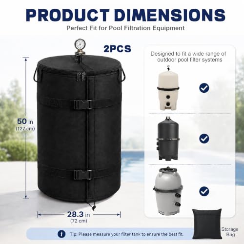2 Pack Pool Filter Cover, Heavy Duty Pool Equipment Cover for for wide range of cartridge and D.E. filters, UV Resistant Pool Pump Enclosure with Adjustable Straps & Top Zipper