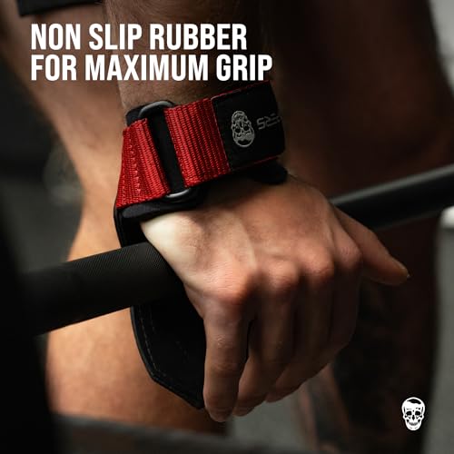 Gymreapers Weight Lifting Grips (Pair) for Heavy Powerlifting, Deadlifts, Rows, Pull Ups, with Neoprene Padded Wrist Wraps Support and Strong Rubber Gloves or Straps for Bodybuilding - color: Red, size: Small