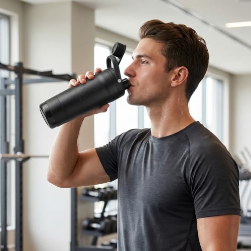 Fijinhom 24 oz Insulated Shaker Bottle with Portable Powder Container. | Leak-Proof Protein Shaker Bottle, 304 Stainless Steel Insulated Water Bottle with Removable Mixer, Measurement Marks, Black - color: Black