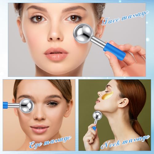 Baderke 2 Pcs Ice Globes for Face Stainless Steel Cooling Globes Unbreakable Cooling Roller Women Ice Balls Cryo Sticks Facials Skin Care for Dark Circles, Puffiness(Silver (Blue Handle)) - color: Silver (Blue Handle)