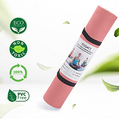 YOGATI® Yoga Mat with Strap with Alignment Lines. Home Workout Mat for Women, Men and Kids. Thick Non Slip Yoga Mat for Pilates and Fitness. Brown, Pink and Purple Yoga Mats - color: Pink
