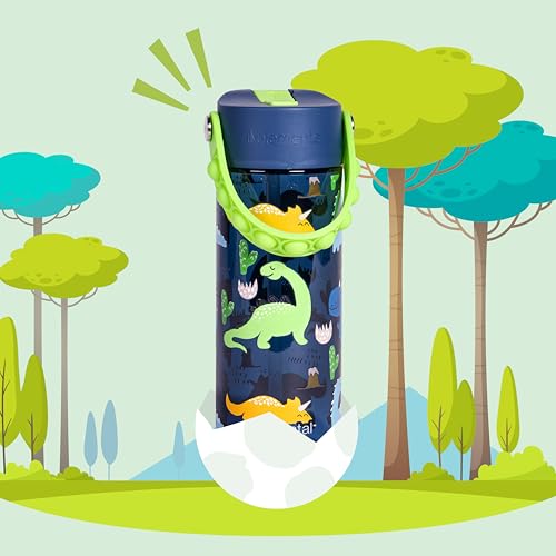 Elemental Water Bottles for Kids - Splash Kids Water Bottle for School with Pop-it Handle - BPA Free Tritan Plastic Water Bottle with Straw Leak Proof when Spout is Closed - Dinosaur- 18oz - color: Dinosaur (Navy Blue) 18oz