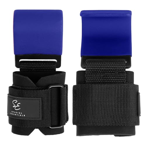 Special Essentials Weight Lifting Hooks - 1 Pair of Premium Steel Hooks with Padded Wrist Straps for Enhanced Grip, Support, and Comfort During Heavyweight Lifting and Pull-ups - Ideal for Powerlifting, Deadlifts, and Rows - color: Blue