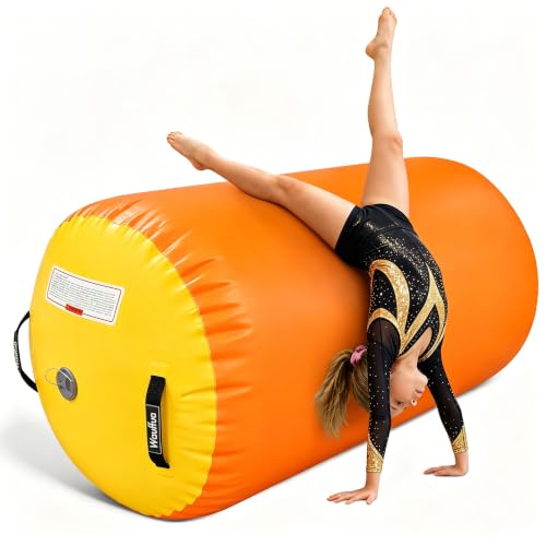 Gymnastic Air Barrel, Inflatable Tumble Track, Tumbling Mat, Roller Octagon Trainer for Back Handspring and Back-bend for Home, Gym, No Pump - color: orange-yellow, size: 2.6'L x 1.55'D，nopump
