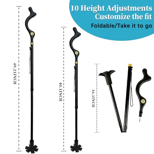 Walking Cane Foldable for Men & Women Seniors for Balance,Self Standing Folding,Height Adjustable Anti-Slip Lightweight Alloy Walking Stick for Travel Mobility Aid - color: Black