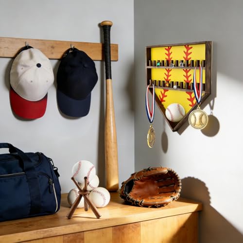 Wooden Championship Ring Display Case for 24 Rings with Medal Hooks | Wall Mounted Wood Ring Holder, Fits Most Ring Sizes, Includes Medal Hooks and Baseball Stand, For Sports Awards Room Decor