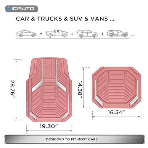PIC AUTO Heavy Duty Pink Rubber Floor Mats, Silver Aluminum Film Car Mats Set, Front and Rear Car Mats with Anti-Slip Backing, All Weather Protection, Trim-to-Fit for Automotive SUV, Sedan, Van - color: All Pink