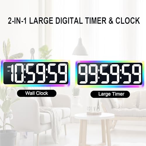 TXL 17.2" WiFi Digital Wall Clock with Seconds, Large Countdown Timer for Classroom Home Gym Office, Alarm Clock with Remote Control, RGB Ambient Lights, 4 Dimmable Brightness, Auto DST(White) - color: White
