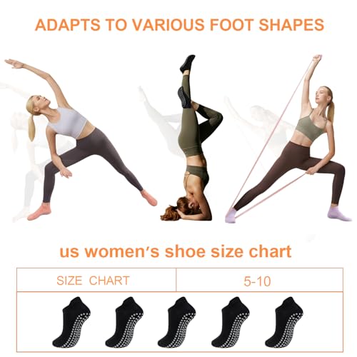 5 Pairs Pilates Socks with Grips for Women Non Slip Grip Yoga Crew Socks for Barre Hospital Barefoot - color: B - 5 Pairs Black