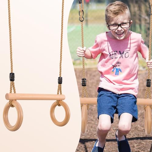 YAERSI Children's Trapeze Swing Bar with Wooden Gym Rings,Trapeze Bar for Swing Set - color: Round
