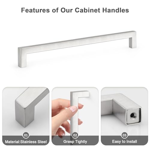 Probrico 5 Pack Hole Centers 10 inch Brushed Satin Nickel Cabinet Handles,Square Kitchen Drawer Pulls,Stainless Steel Dresser Pull Handle 10.5inch Length - color: Brushed Nickel, size: Hole Center: 256mm(10inch)