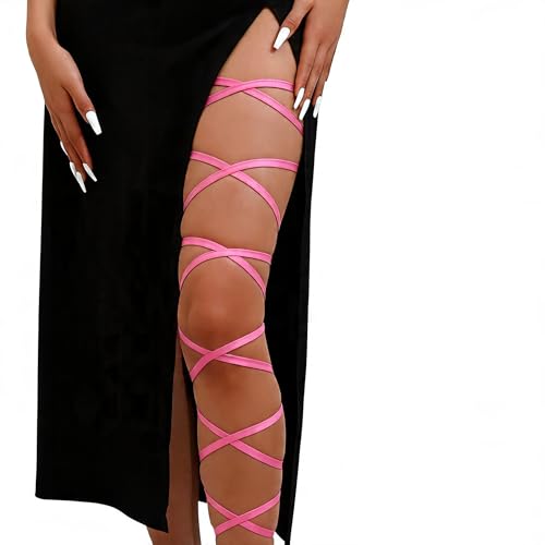Elastic Cross Thigh Garter String Chain Leg Wraps, Punk Black Harajuku String Chain Body Jewelry for Women - color: Rose