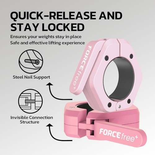 Forcefree+ Barbell Clips (Pair), Barbell Clamps, Quick Release Olympic Barbell Clamps with Anti Slip TPR Grip, Barbell Collars for Secure Weightlifting & Powerlifting - color: Pink
