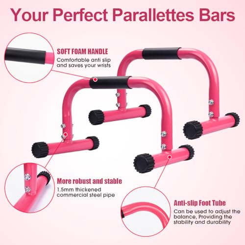 AmazeFan Parallettes Bars, Push Up Bars Strength Training For Handstands, Full Planche & Dips, Calisthenic, Gymnastic, [16.6x10x10in] Push Up Stands Handle for Floor Workouts Calisthenics Equipment - color: Pink