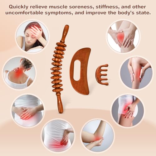 3-in-1 Wood Therapy Massage Tools Wooden Gua Sha Lymphatic Drainage Massager Body Sculpting Tools, Maderoterapia Kit, Anti-Cellulite - style: Massage Set