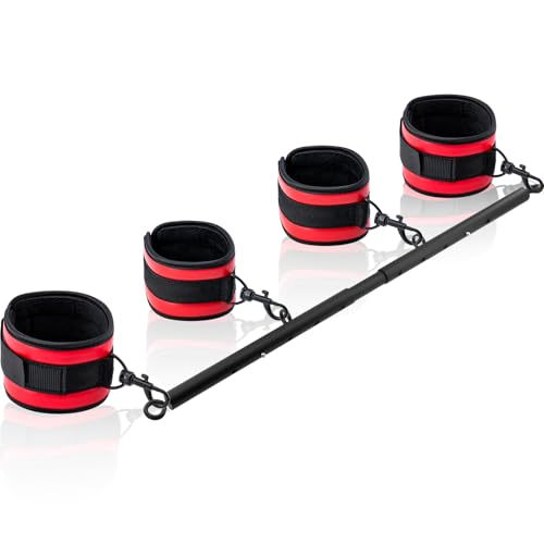 Spreader Bar Heavy Duty Stainless Steel Adjustable Bar with 4 pcs PU Cushioned Straps for Yoga, Pilates, Fitness Training, Home Gym Equipment and more. - color: Red Magic Tape