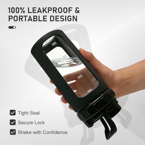 26oz Glass Protein Shaker Bottle, Stainless Steel Mixing Ball & Silicone Sleeve, Odorless, Leak-Proof, BPA-Free, Ideal for Smoothies & Workout Drinks (Graphite Black) - color: Graphite Black
