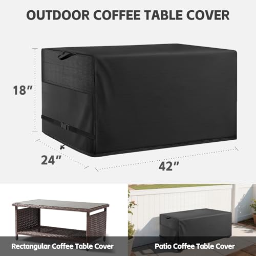 Patio Coffee Table Cover Black Heavy Duty Waterproof Cover 42" L x 24" W x 18" H for Rectangular Coffee Table - color: Black, size: 42"x 24"x 18"