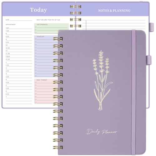 Oucaru Undated Daily Planner, A5 Spiral Notebook with Hourly Schedule, To Do List, Priorities, and Notes for Productivity - Easily Organize Your Tasks, Appointments & Goals for Women - size: A5-Purple, style: Daily Planner