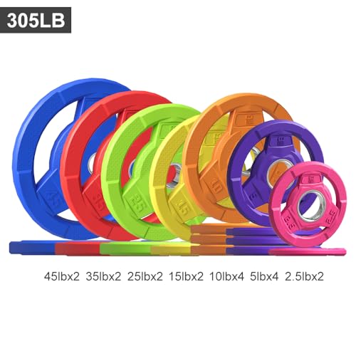 Color Coded 2-Inch Rubber Coated Olympic Grip Plate for Barbell,Solid Cast Iron Weight Plates for Strength Training, Weightlifting, Home Gym, 2.5/5/10/15/25/35/45 LB, Single and Pair - color: 305LB-SET
