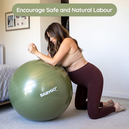 BABYGO Birthing Ball - Pregnancy Yoga Labor & Exercise Ball & Book Set Trimester Targeting, Maternity Physio, Birth & Recovery Plan Included Anti Burst Eco Friendly - color: Olive, size: 65cm - Manual