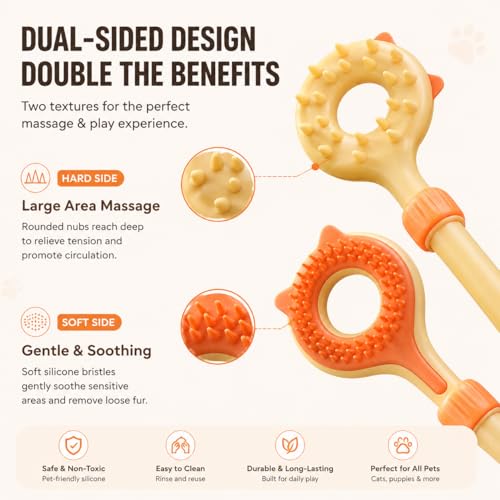 3-in-1 Cat Scratcher & Massage Stick with Teaser Tassel, Dual-Sided Grooming Brush, Handheld Tool for Loose Fur, Indoor Cats