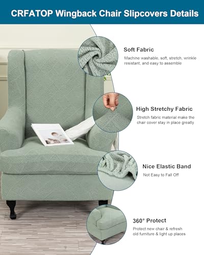 CRFATOP 2 Piece Stretch Wingback Chair Cover Jacquard Wing Chair Slipcovers Spandex Fabric Wingback Armchair Covers with Elastic Bottom for Living Room Bedroom Wingback Chair,C24 - color: Color C24