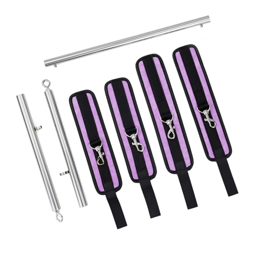 Spreader Bar Heavy Duty Stainless Steel Expandable Silver Bar Home Gym with 4pcs Furry Purple Adjustable Straps,Sports Aid Training Fitness Gear Pilates Aid Kit - style: Silver+Purple Furry Kit