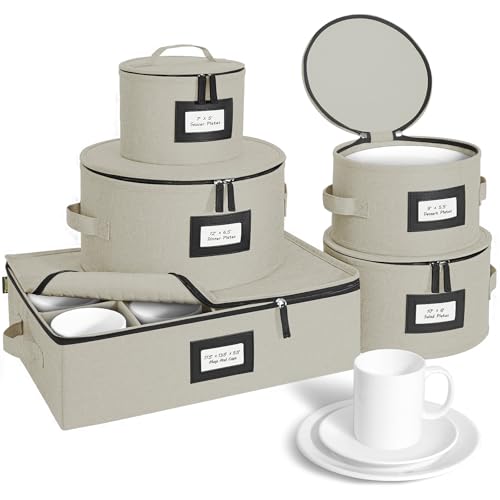 BALEINE China Storage Containers, Sturdy Quilted Wine Glass Storage, Plate Organizer with Carry Handles, Moving Boxes for Dishes, Cups, Mugs and Stemware (Plate Mug Combo, Hard Shell Cream) - color: Cream, style: Plate Mug Combo-Hard Shell