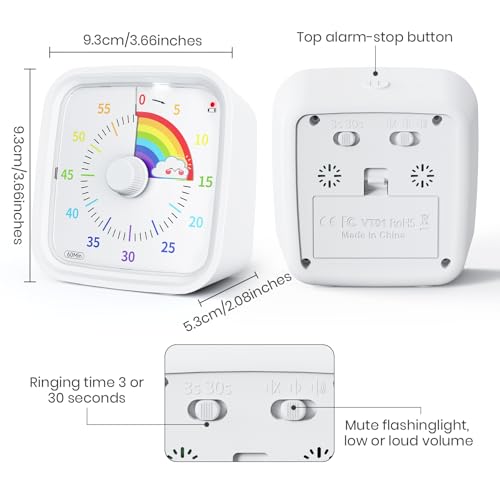 Yunbaoit Rainbow Visual Timer for Kids, 60-min Countdown Timer, White | Protective Case, No Ticking, Mute and Ringing Alarm Available, Time Management Tool, Low Power Reminder, for Study,Game,Work - color: White Rainbow