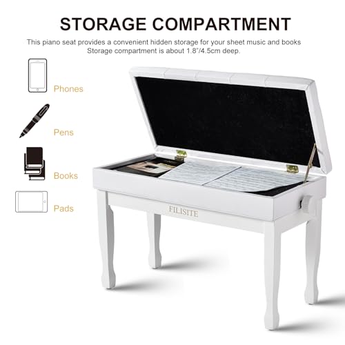Adjustable Height Piano Bench with Storage, Solid Wood Duet Keyboard Stool, Waterproof Padded Seat Cushion, Multi-Use Bench for Piano, Vanity, Living Room, Bedroom XJ750-4(White) - color: White