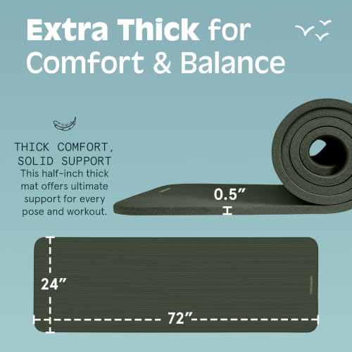 Retrospec Solana Yoga Mat Thick 1/2in Non-Slip Workout Mat with Nylon Strap - 72x24in Exercise Mat for Pilates, Stretching & Fitness - BPA Free, Easy Clean - color: Wild Spruce